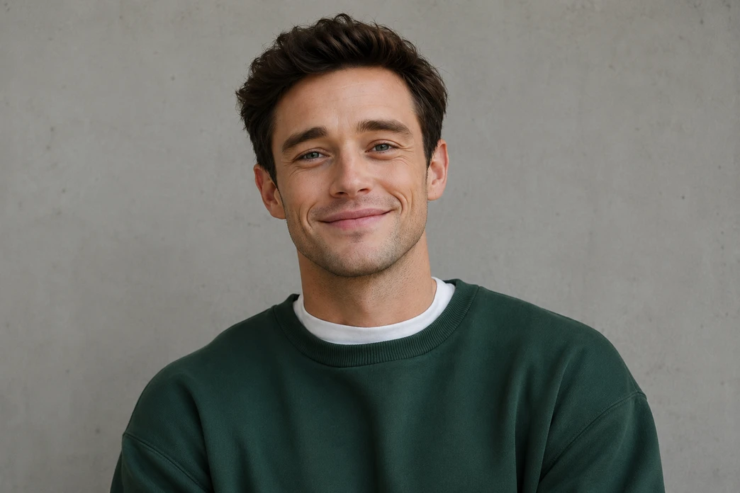 Smiling man in a dark green sweater