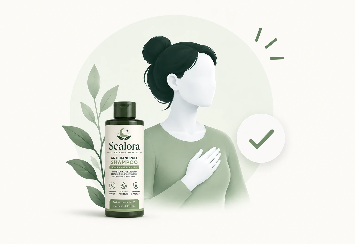 Illustration of a woman beside a Scalora anti-dandruff shampoo bottle, with leaves and a check mark