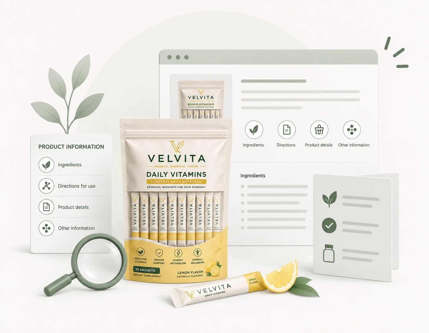 Illustration of a Velvita daily vitamins pack beside a product-information panel and a magnifying glass