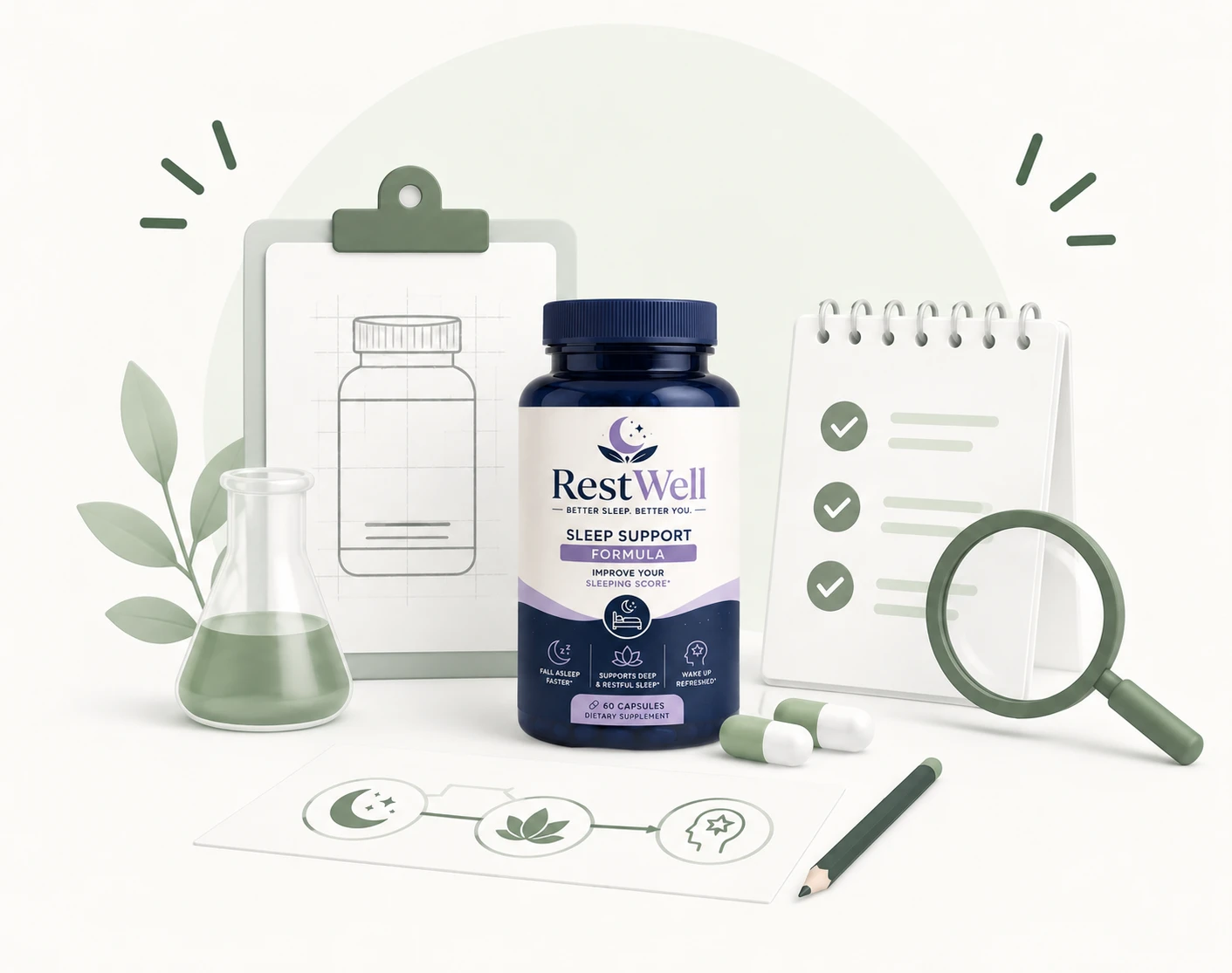 Illustration of a RestWell sleep support bottle among design boards, a laboratory flask, a checklist and a magnifying glass