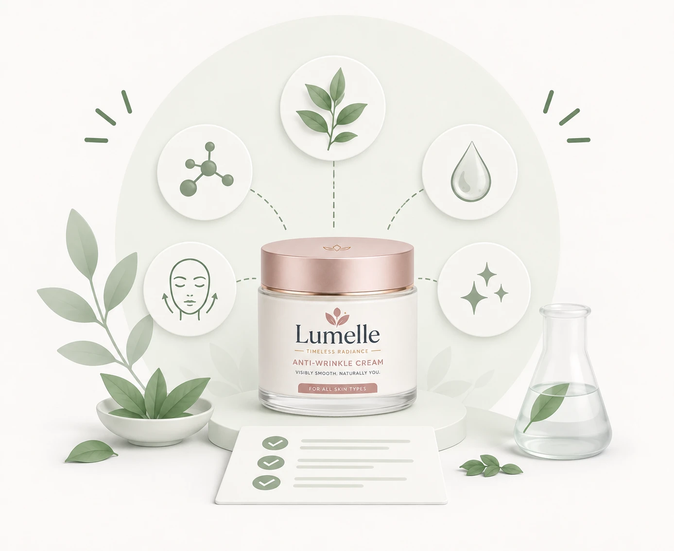Illustration of a Lumelle anti-wrinkle cream jar surrounded by ingredient icons, with leaves and a laboratory flask