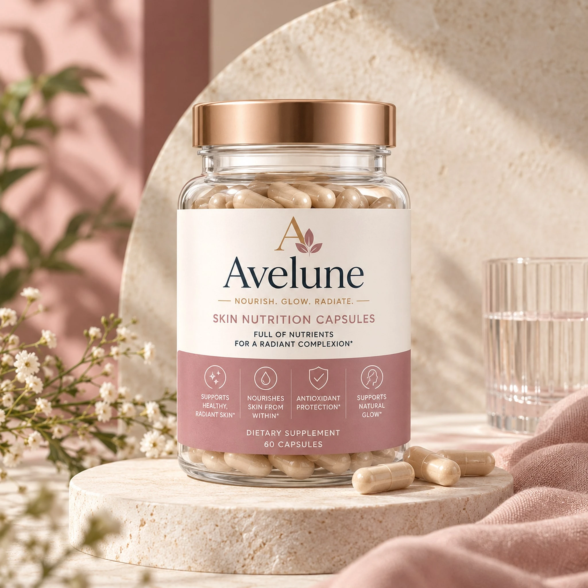 Avelune skin nutrirional capsules packaging, front view