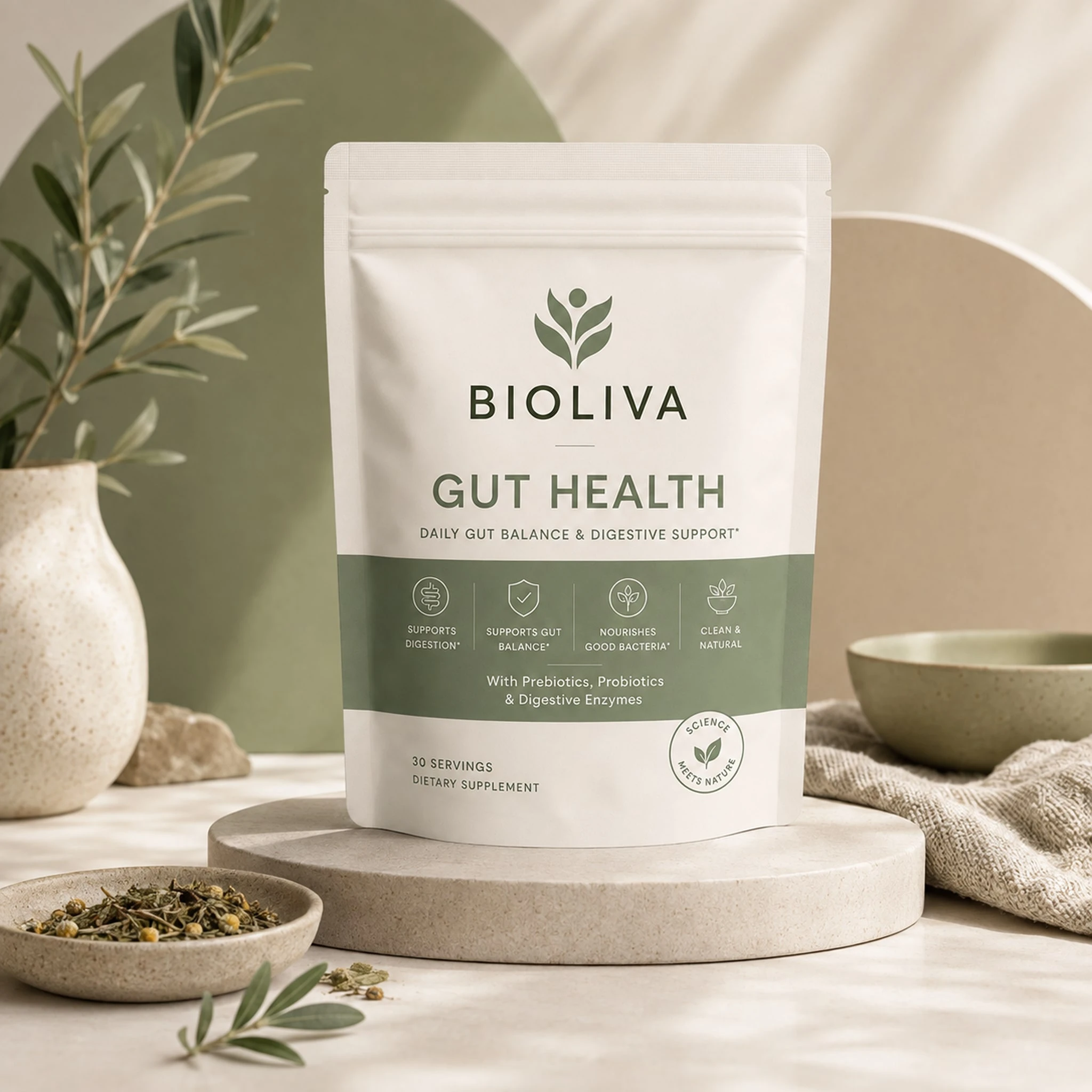 Bioliva gut health pouches packaging, front view