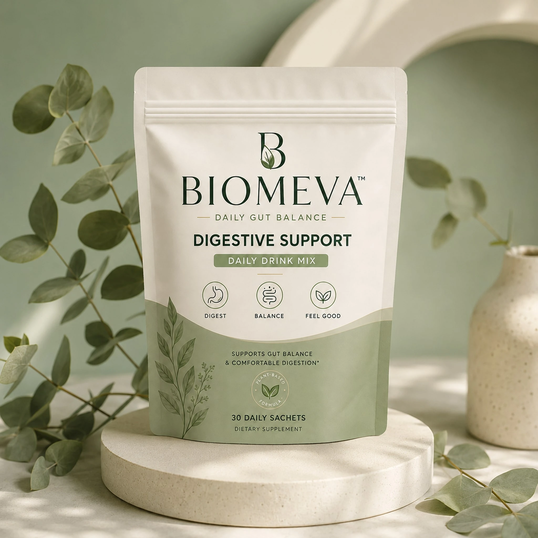 Biomeva digestion pouches packaging, front view