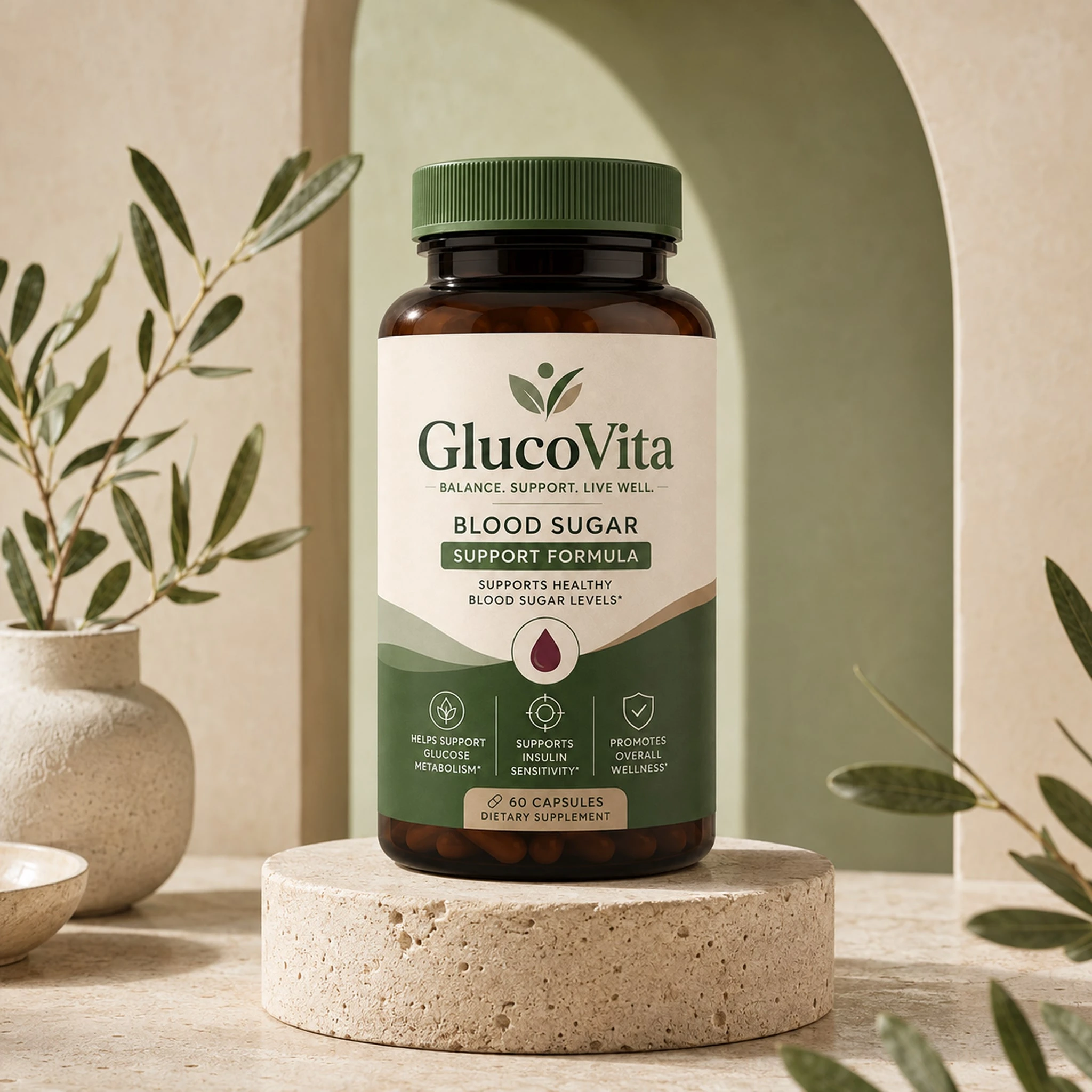 GlucoVita metabolic support capsules packaging, front view