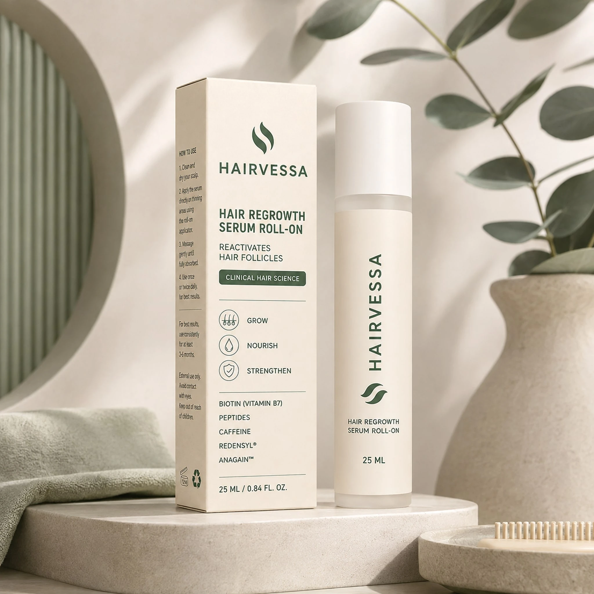 Hairvessa hair density serum packaging, front view