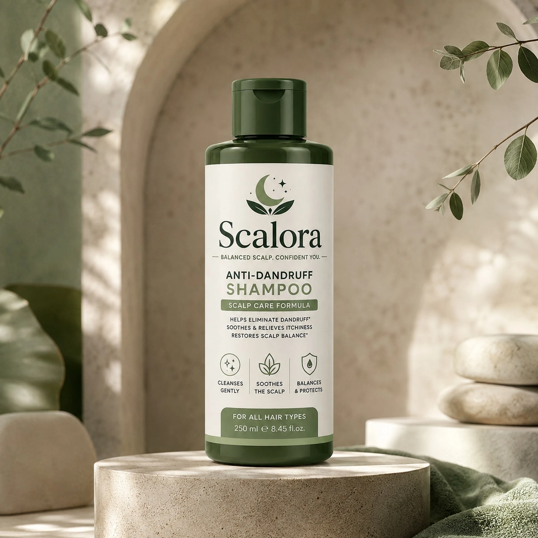 Scalora anti-dandruff shampoo packaging, front view