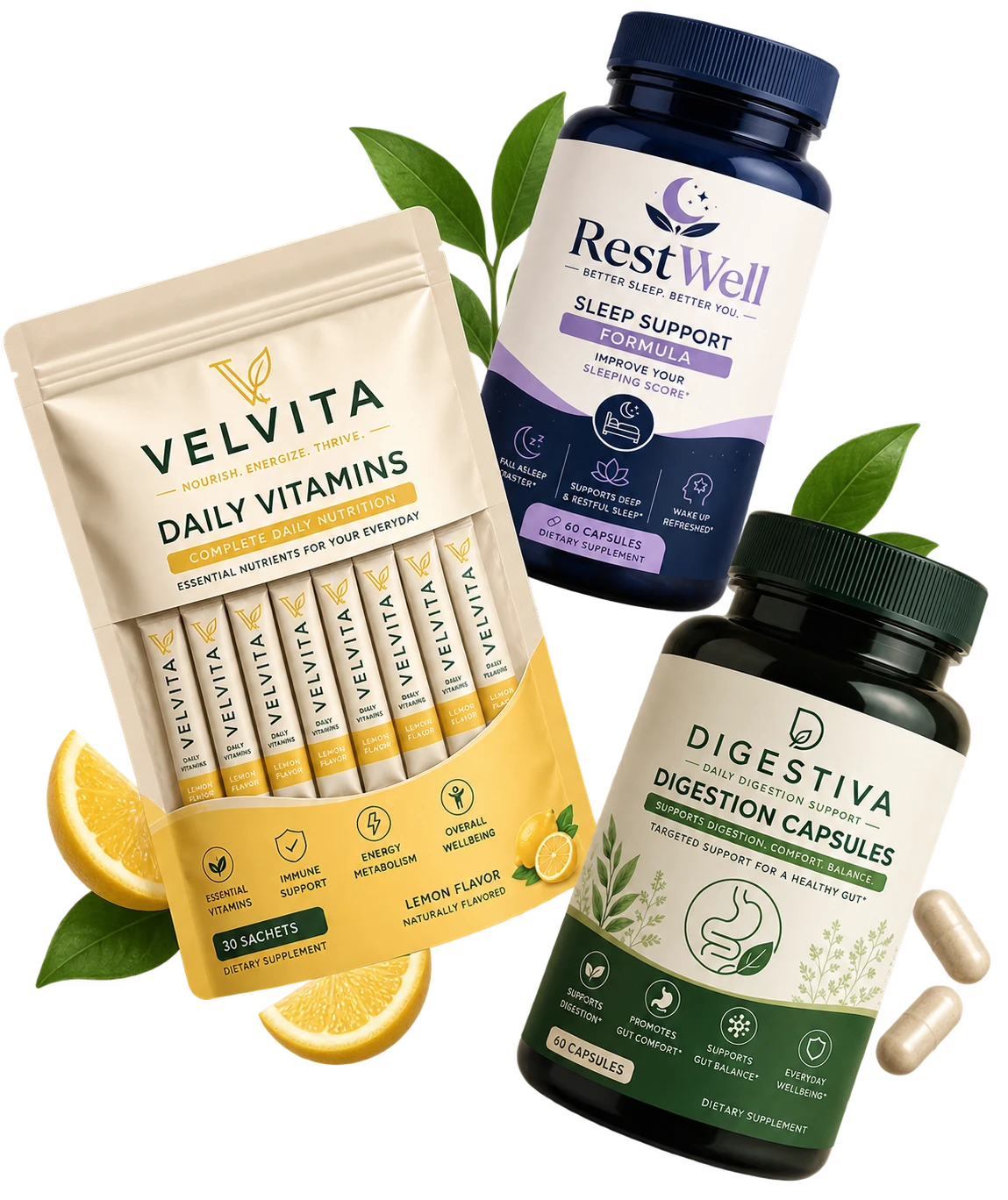 Velvita daily vitamins, RestWell sleep support and Digestiva digestion capsules with fresh lemons and leaves