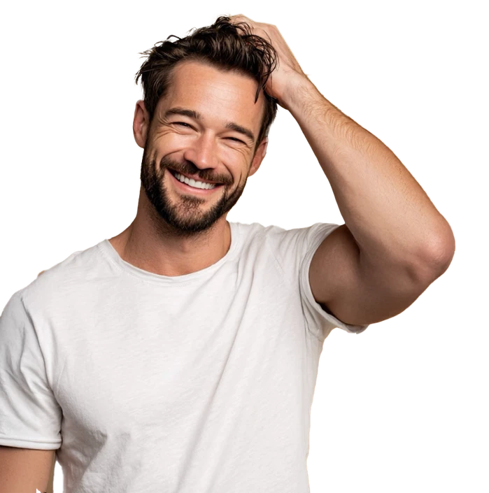 Smiling man running a hand through his hair