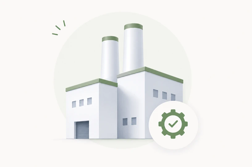 Illustration of a factory building with a quality gear badge