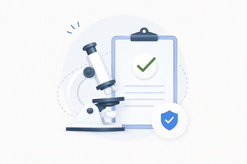 Illustration of a microscope beside a checked report